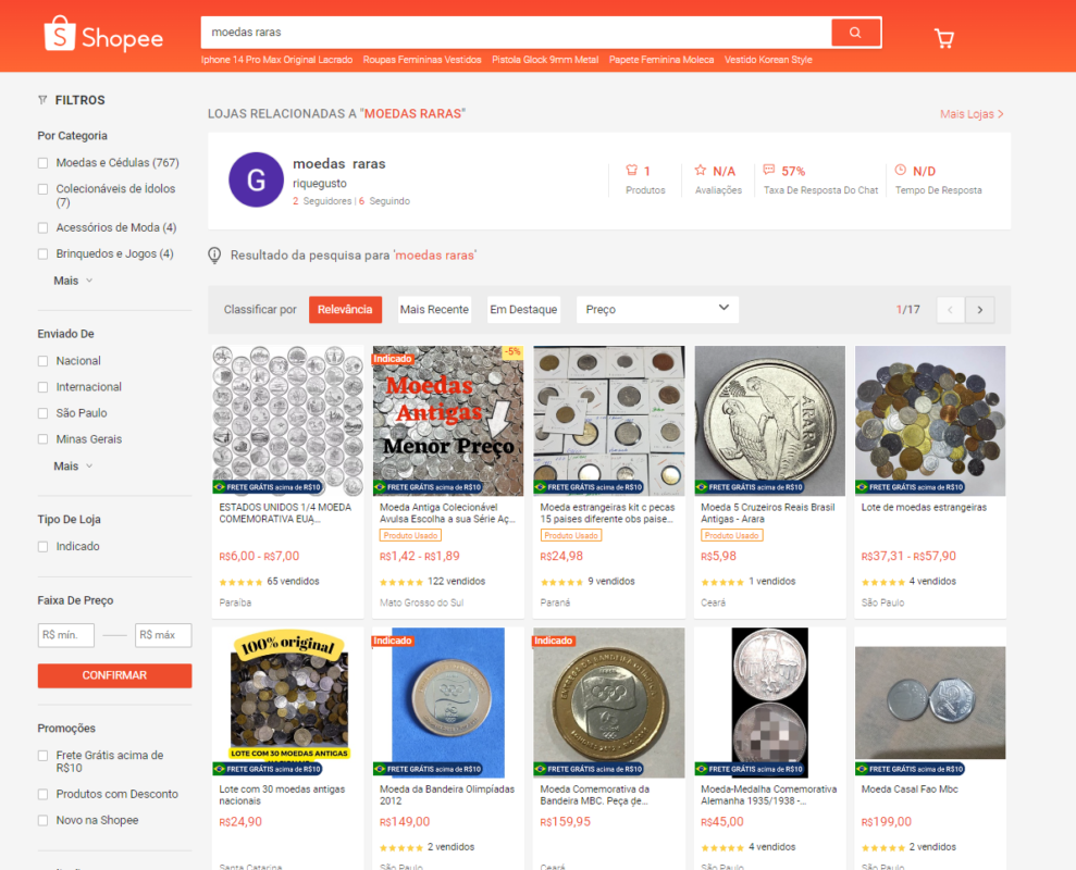 venda de moedas pela shopee