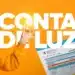 Mão segurando uma lâmpada acesa ao lado de uma fatura de energia elétrica, com o texto "CONTA DE LUZ" em letras grandes sobre fundo laranja.