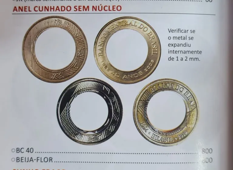 moedas anel cunhado sem nucleo Anéis cunhados sem núcleo de moedas de 1 real, um erro de fabricação valioso para colecionadores.