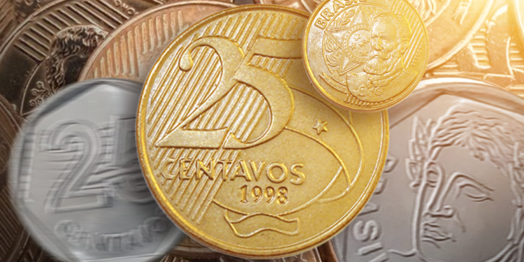 Moeda de 25 centavos de 1998, com características raras e erro de cunhagem, podendo valer até 150 reais.