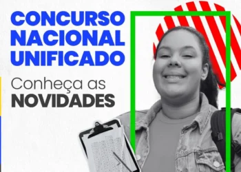 Estudante sorrindo com mochila nas costas ao lado do título sobre o Concurso Nacional Unificado 2025,