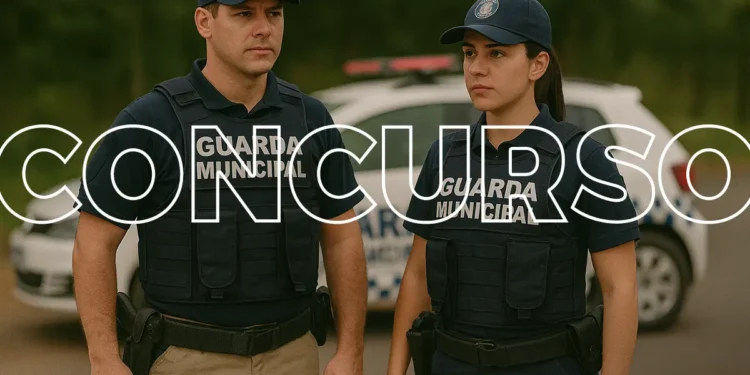 Imagem de dois agentes da Guarda Municipal em frente a um carro, com foco no texto 'CONCURSO'.
