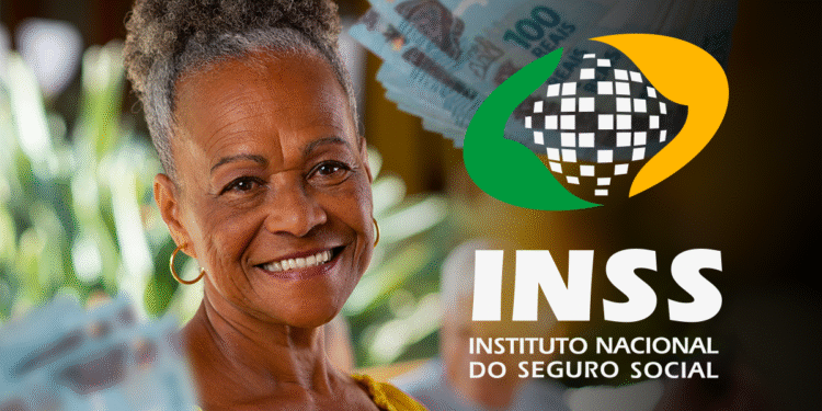 Mulher sorrindo segurando dinheiro, com o logo do INSS