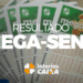 Bilhetes de Mega-Sena exibidos em leque com destaque para o resultado do sorteio e marca da Loterias Caixa.