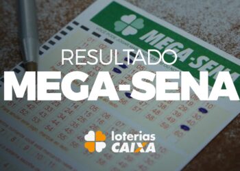 Bilhetes de Mega-Sena exibidos em leque com destaque para o resultado do sorteio e marca da Loterias Caixa.