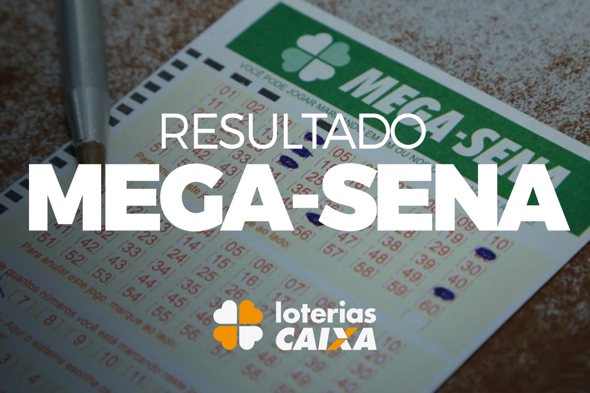 Resultado o concurso 2888 da Mega-Sena. Bilhetes de Mega-Sena exibidos em leque com destaque para o resultado do sorteio e marca da Loterias Caixa.