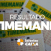 Bilhetes da Timemania com destaque para o resultado do concurso e logo das Loterias Caixa