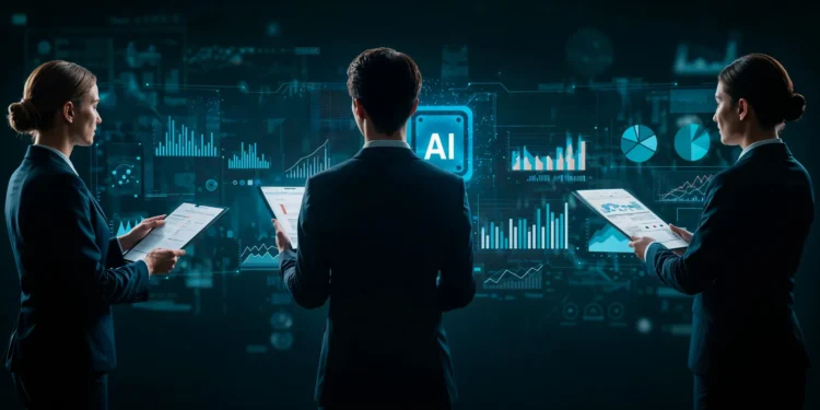 Profissionais analisando dados com Inteligência Artificial em ambiente corporativo