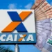 Logo da Caixa Econômica Federal com notas de 50 e 200 reais ao fundo.