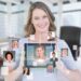 Mulher segurando um tablet com imagens de pessoas conectadas virtualmente, representando a diversidade de candidatos para o concurso de 15 profissões diferentes