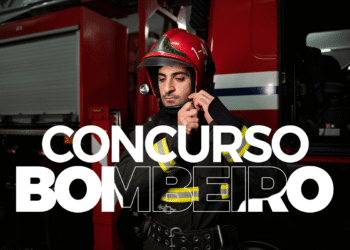 Bombeiro colocando capacete ao lado de caminhão, com texto “Concurso Bombeiro”.
