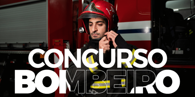 Bombeiro colocando capacete ao lado de caminhão, com texto “Concurso Bombeiro”.