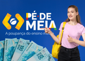 Imagem mostrando a campanha Pé-de-Meia, com estudantes do ensino médio e notas de R$ 100, relacionado ao anúncio do governo sobre os alunos que receberão R$ 1.000 em 25/08.