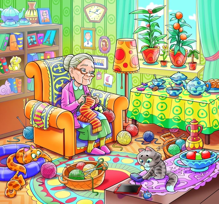 Teste visual com a vovó tricotando em poltrona colorida, com gatos e novelos de lã em sala alegre e iluminada.