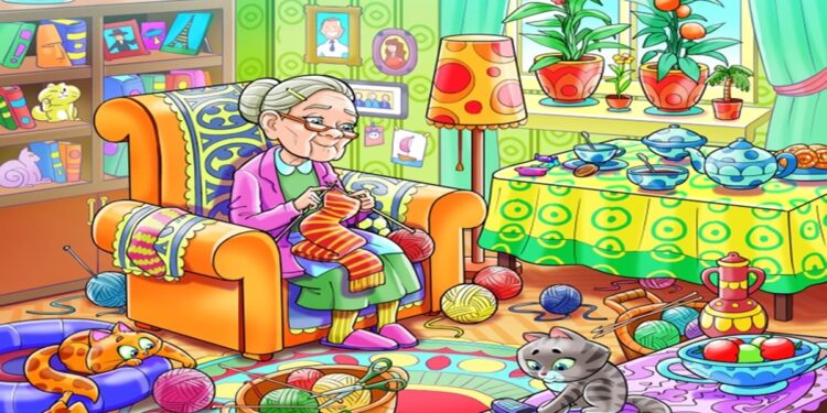 Teste visual com a vovó tricotando em poltrona colorida, com gatos e novelos de lã em sala alegre e iluminada.