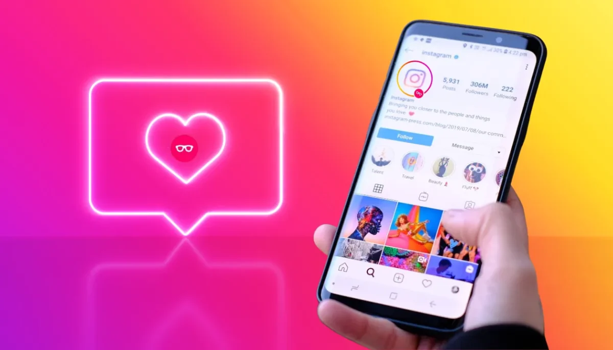 Tela do Instagram mostrando o perfil de uma conta com destaque para o ícone de coração e a interação de curtidas.