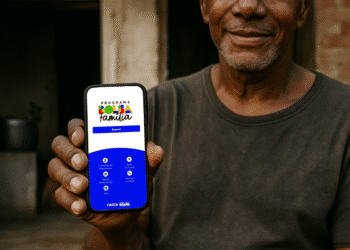 Pessoa com um smartphone mostrando o aplicativo do Programa Bolsa Família, com interface visível em tela, e sorrindo.