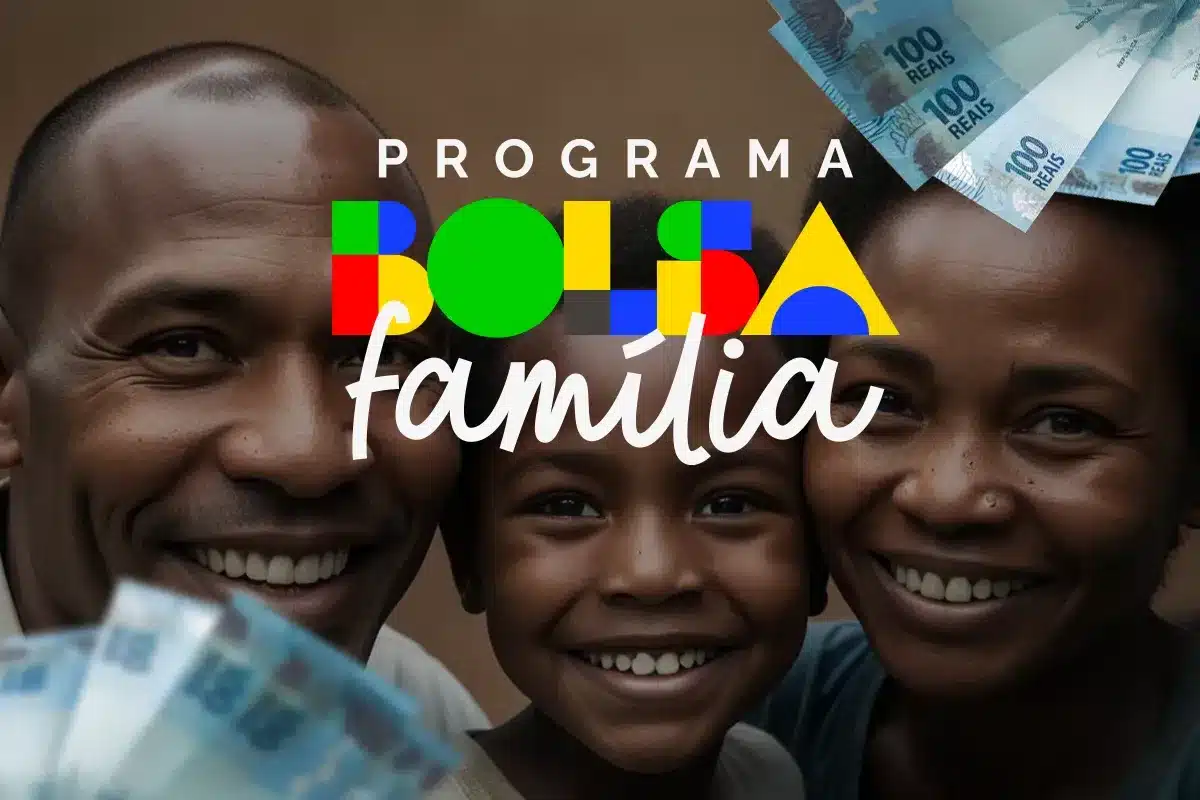 Programa Bolsa Família - Ordens de pagamento e calendário "Imagem mostrando o logo do Programa Bolsa Família com uma família sorridente e cédulas de 100 reais ao fundo.