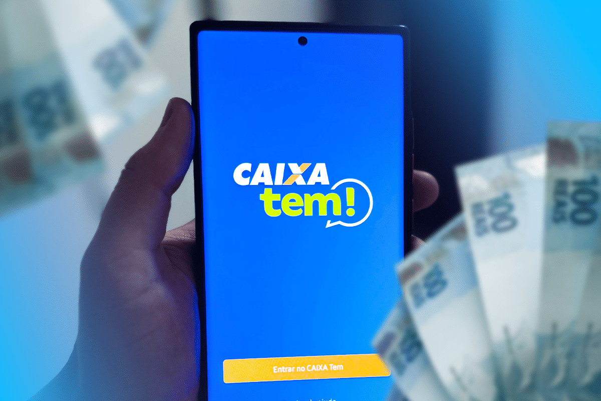 Imagem mostrando a tela do aplicativo Caixa Tem com o botão para entrar no aplicativo. A imagem ilustra a facilidade de acesso ao saque de recursos do extinto Fundo PIS/PASEP, com valores de até R$ 2.800.