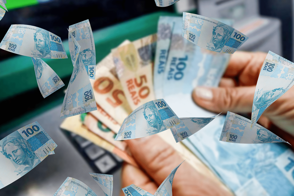 Notas de 100 e 50 reais flutuando ao redor de uma pessoa segurando dinheiro, simbolizando valores significativos de retroativos.