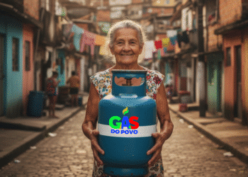 Senhora sorridente segura botijão azul do programa Gás do Povo em comunidade brasileira.