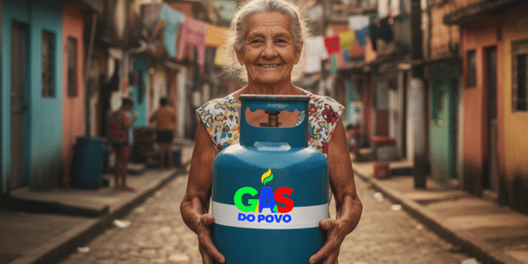 Senhora sorridente segura botijão azul do programa Gás do Povo em comunidade brasileira.