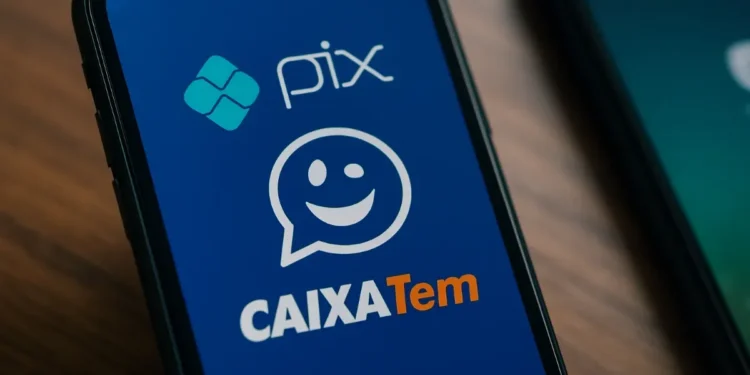 Tela de smartphone mostrando os ícones do PIX e Caixa Tem, com a interface azul do Caixa Tem visível.