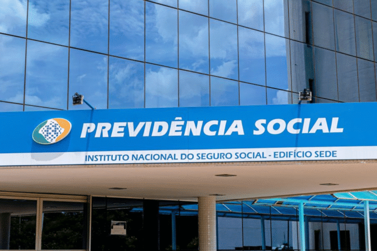 Fachada do Instituto Nacional do Seguro Social com logo e nome Previdência Social em prédio moderno com vidro refletindo o céu