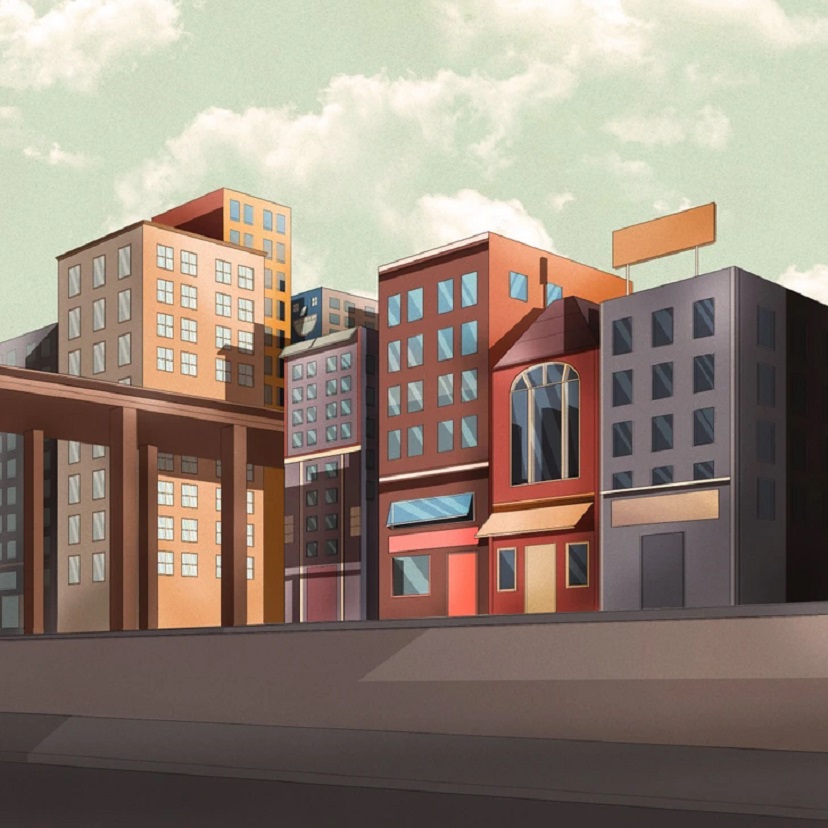 Ache o rosto sorrindo na cena urbana mostrando edifícios. Teste visual com uma ilustração de prédios residenciais e comerciais ao lado de uma estrutura elevada em ambiente urbano calmo.