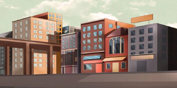 Teste visual com uma ilustração de prédios residenciais e comerciais ao lado de uma estrutura elevada em ambiente urbano calmo.