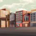 Teste visual com uma ilustração de prédios residenciais e comerciais ao lado de uma estrutura elevada em ambiente urbano calmo.
