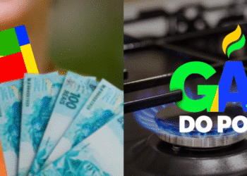 Cartão do Programa Bolsa Família e fogão aceso com logotipo do Gás do Povo, programas sociais do Brasil que oferecem apoio financeiro e subsídio de gás para a população.