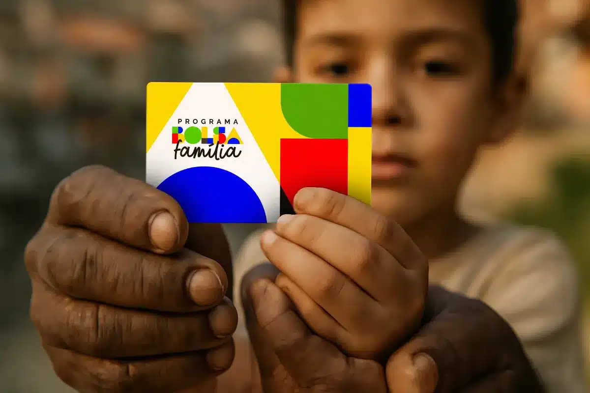 Cartão colorido do Programa Bolsa Família segurado por mãos de adulto e criança em foco desfocado