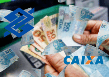 Notas de real com logos do Banco do Brasil e Caixa Econômica Federal flutuando, com mão segurando cédulas, representando pagamentos liberados para brasileiros.