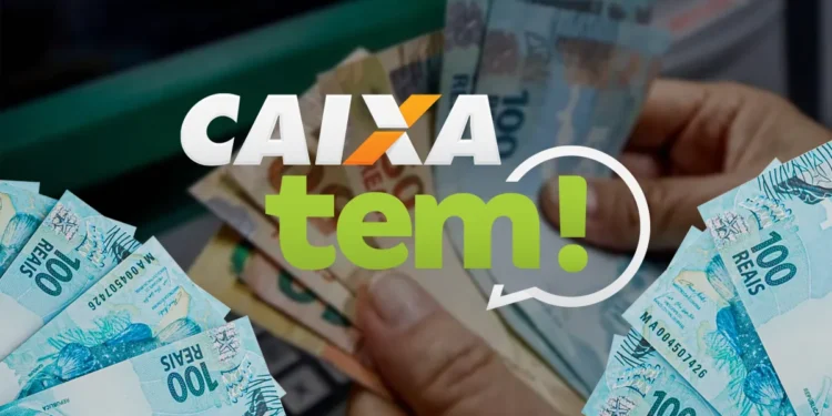 Imagem ilustrativa do aplicativo Caixa Tem, com notas de R$100 e uma pessoa realizando um saque no caixa eletrônico.
