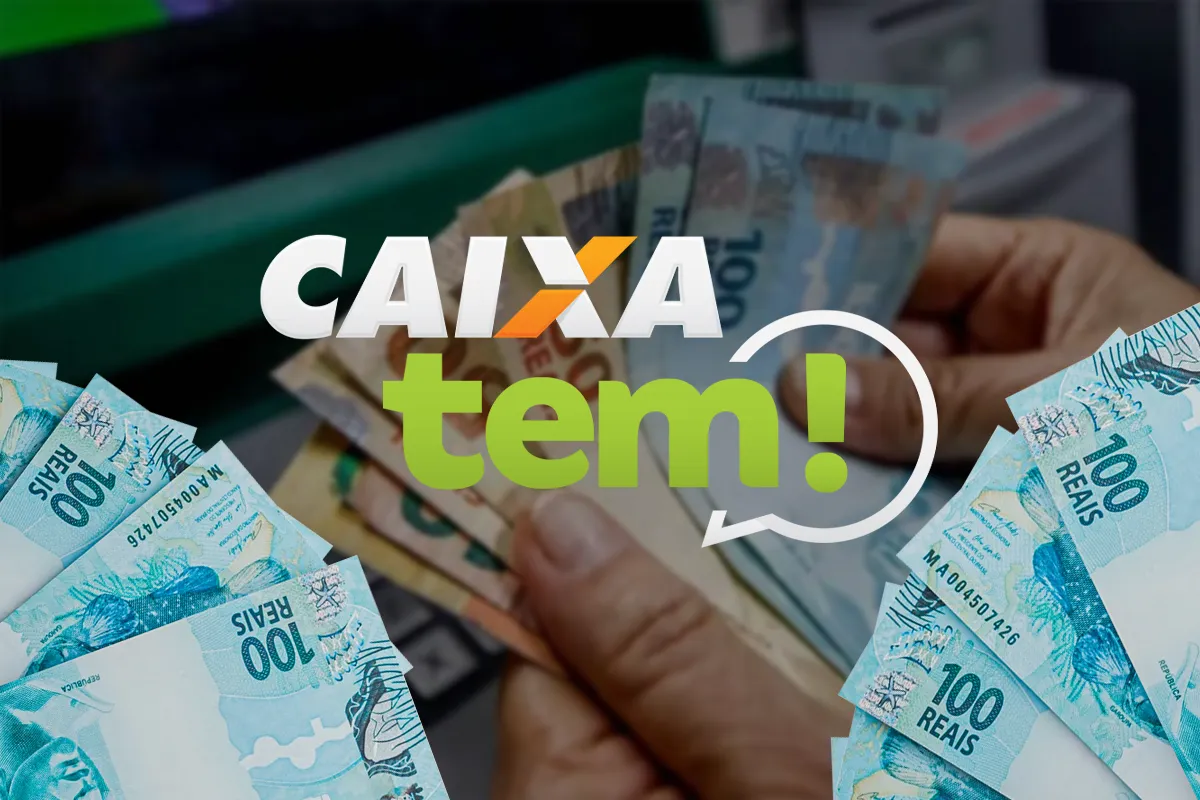 Imagem ilustrando valores pagos através do Caixa Tem, como R$ 600, R$ 750, R$ 800 ou R$ 1.000, em notas de R$ 100, referentes ao pagamento do Bolsa Família.