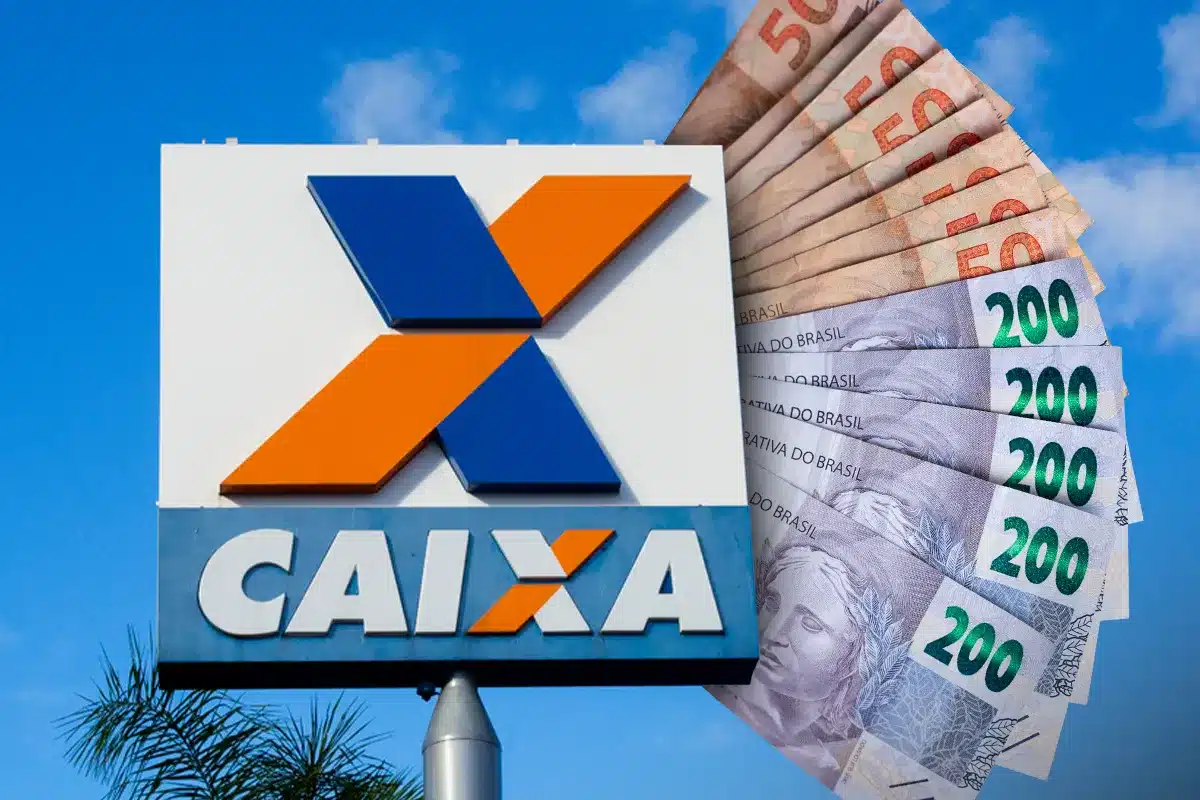 Logotipo da Caixa Econômica Federal ao lado de notas de real representando pagamento do Bolsa Família.