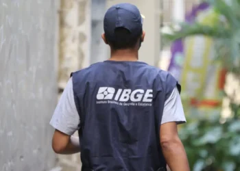 Funcionário do IBGE de costas usando colete azul escuro e boné realizando pesquisa em área urbana