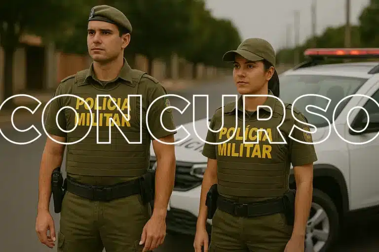 Dois policiais militares em uniforme completo com viatura ao fundo em via pública