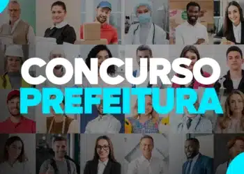 Pessoas de diferentes profissões ilustram anúncio de concurso público da prefeitura.