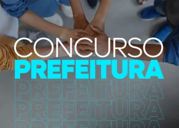 Mãos unidas em um círculo, simbolizando a colaboração no serviço público, com o texto "CONCURSO PREFEITURA".