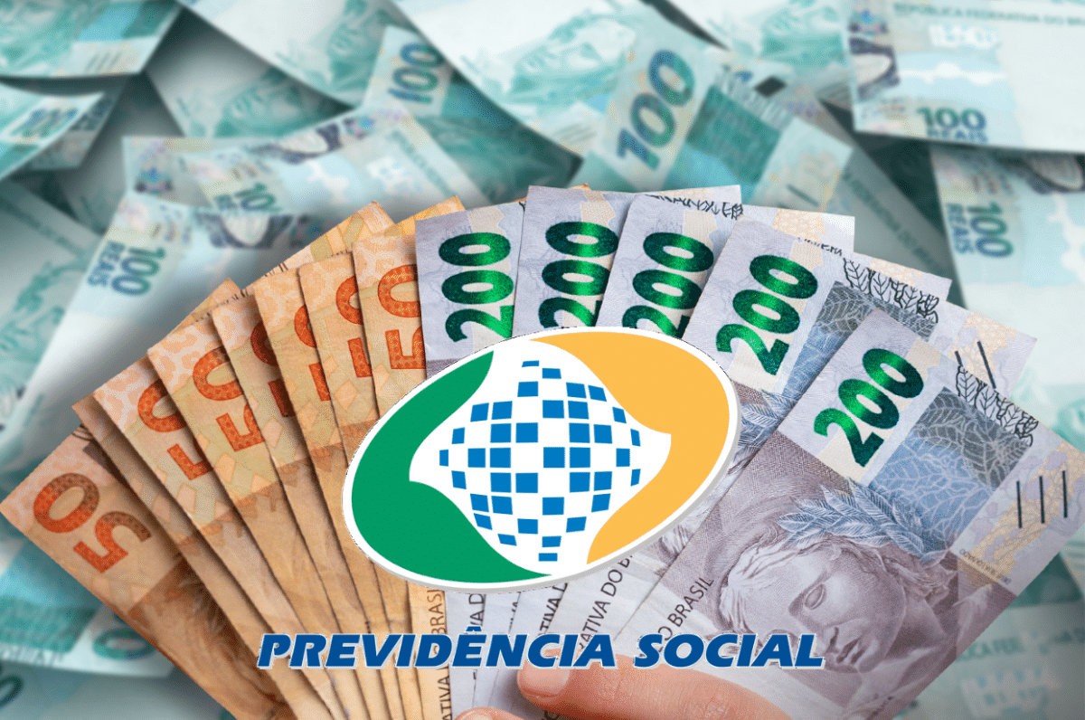 Nota de R$ 200 e R$ 100 do INSS com o logo da Previdência Social, ilustrando o valor máximo do benefício pago em 2025.