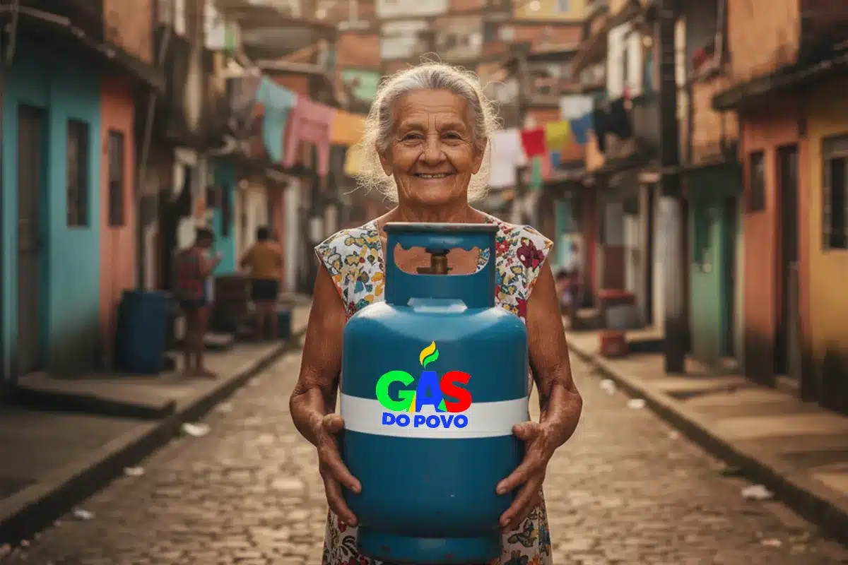 Idosa segurando botijão de gás com logo do programa Gás do Povo em rua de comunidade