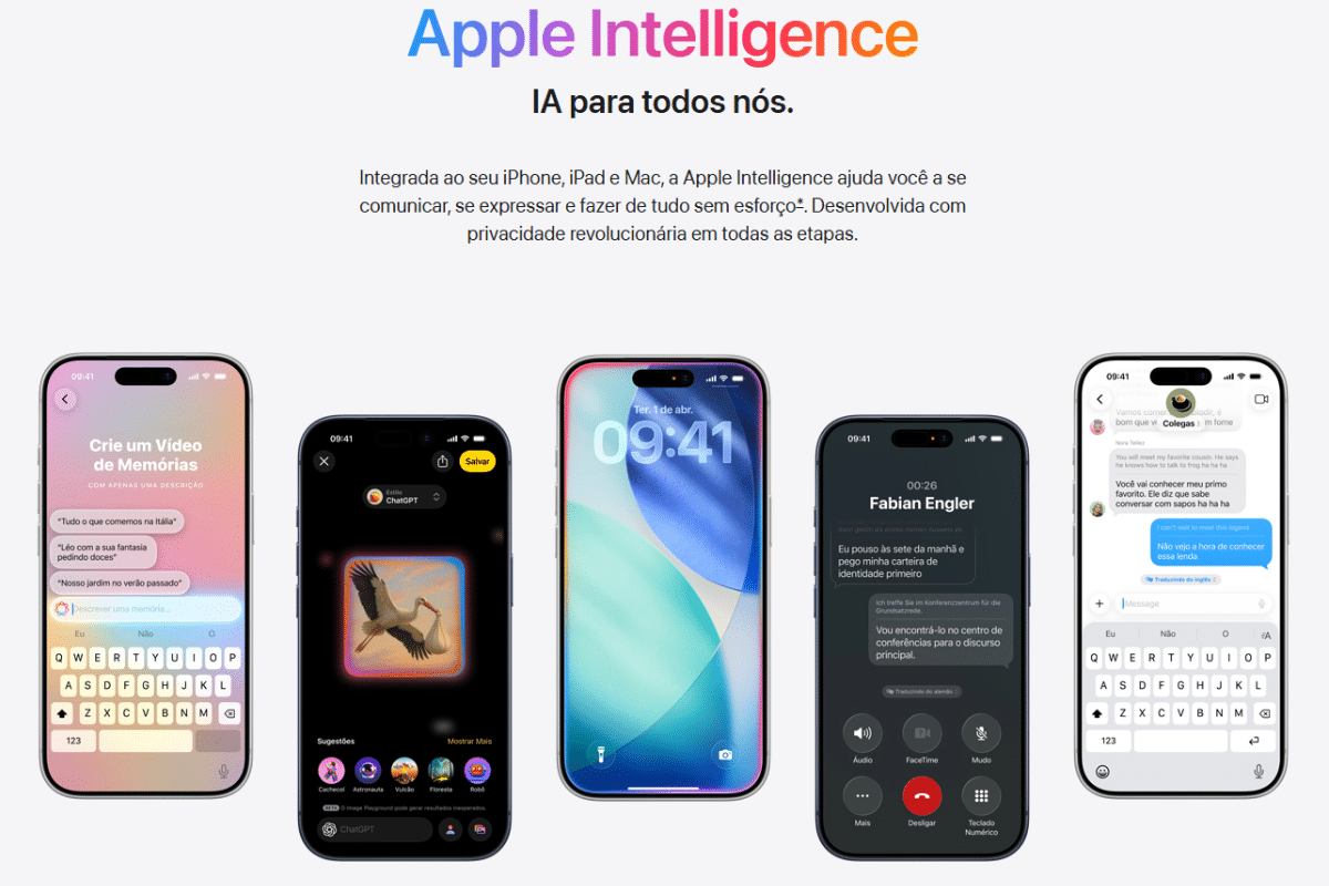  Cinco iPhones mostrando recursos da Apple Intelligence para comunicação, expressão e tradução com IA integrada.