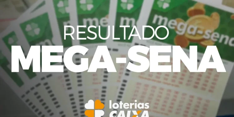 Bilhetes de Mega-Sena exibidos em leque com destaque para o resultado do sorteio e marca da Loterias Caixa.