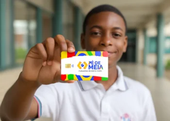 Estudante segurando cartão do programa Pé-de-Meia, iniciativa de poupança para alunos do ensino médio.