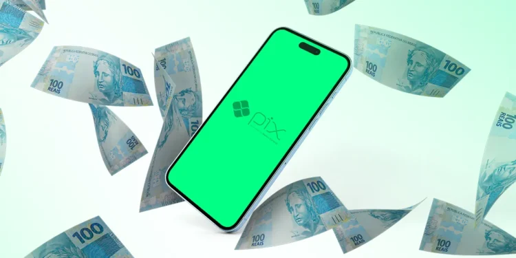 Celular exibindo tela verde com logo Pix e notas de cem reais voando ao redor