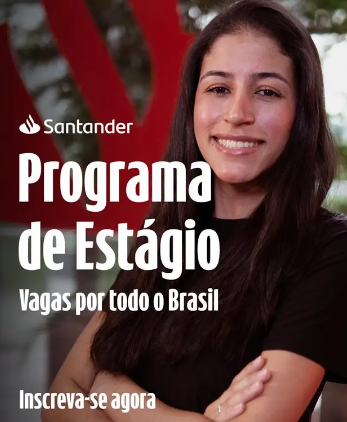 Imagem promocional do Programa de Estágio do Banco Santander, com jovem sorrindo.