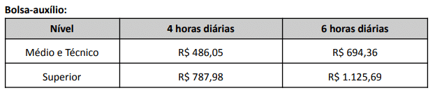Tabela com valores da bolsa-auxílio para níveis médio, técnico e superior com jornadas de 4 e 6 horas diárias.