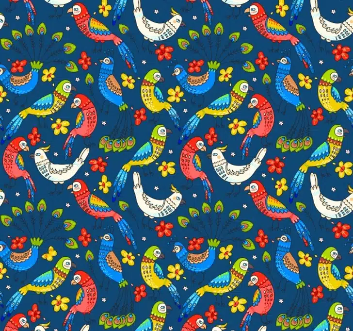 Teste visual com uma estampa repleta de desenhos de pássaros coloridos e flores amarelas e vermelhas em fundo azul escuro.
